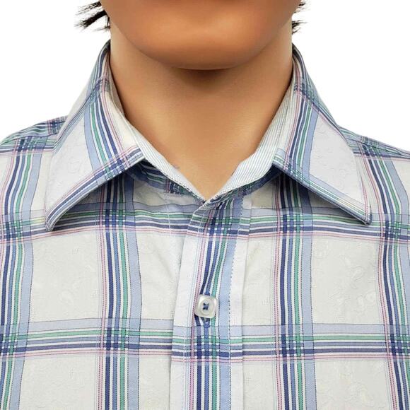 Bugatchi Shirt Short Sleeve Men L Blue Multicolor Plaid & Floral Button Up - Picture 3 of 12